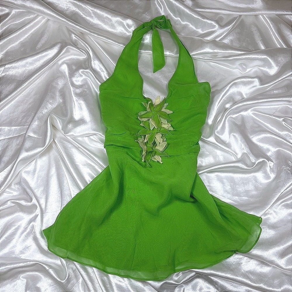 y2k Halter Top Green New Temptation 3D Floral Applique Fairycore Rayon Chiffon